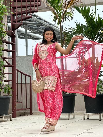 Pink Chinon Bandhani Gold Embroidery Punjabi Salwar Suit Set - BONYHUBSALWAR KAMEEZ
