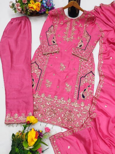 Pink Chinon Elegant Embroidery Work Straight Suit Set - BONYHUBSALWAR KAMEEZ