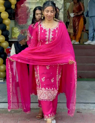 Pink Chinon Elegant Embroidery Work Straight Suit Set - BONYHUBSALWAR KAMEEZ