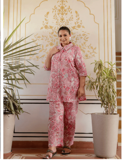 Pink Collar Cotton Kurti Trouser Set of 2 - BONYHUBsalwar suit