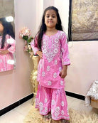 Pink Cotton Chikankari Work Kids Sharara Suit Set UK Next Day - BONYHUBClothing