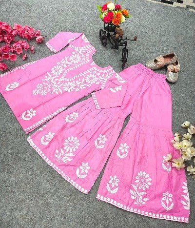 Pink Cotton Chikankari Work Kids Sharara Suit Set UK Next Day - BONYHUBClothing