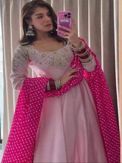 Pink Crepe Silk Sequence Anarkali Suit with Bandhani Dupatta - BONYHUBSALWAR KAMEEZ