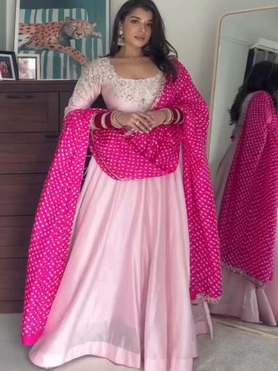 Pink Crepe Silk Sequence Anarkali Suit with Bandhani Dupatta - BONYHUBSALWAR KAMEEZ