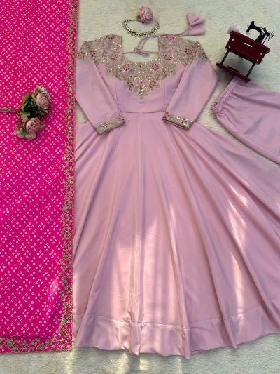 Pink Crepe Silk Sequence Anarkali Suit with Bandhani Dupatta - BONYHUBSALWAR KAMEEZ