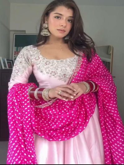 Pink Crepe Silk Sequence Anarkali Suit with Bandhani Dupatta - BONYHUBSALWAR KAMEEZ