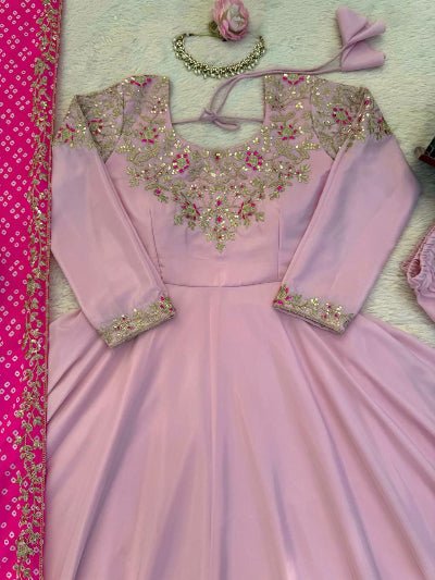 Pink Crepe Silk Sequence Anarkali Suit with Bandhani Dupatta - BONYHUBSALWAR KAMEEZ