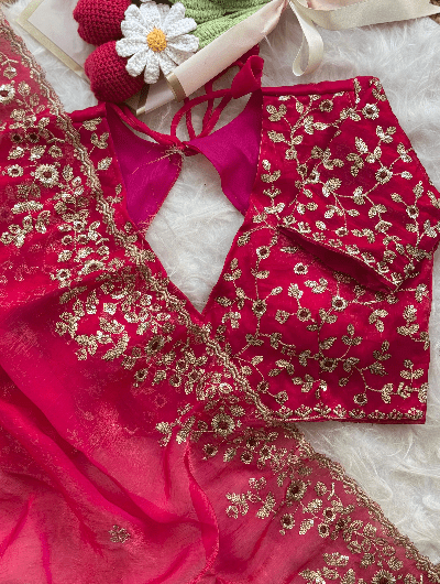 Pink Designer Sari Free Stitched Blouse Readytowear - BONYHUBSAREE