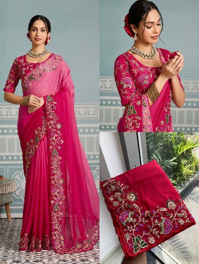 Pink Embroidery Georgette Sari with Unstiched Blouse