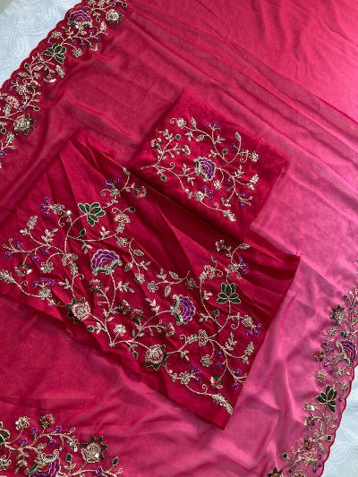 Pink Embroidery Georgette Sari with Unstiched Blouse2
