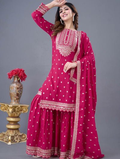 Pink Embroidery Sequence Work Sharara Suit Set UK Next Day - BONYHUBSALWAR KAMEEZ