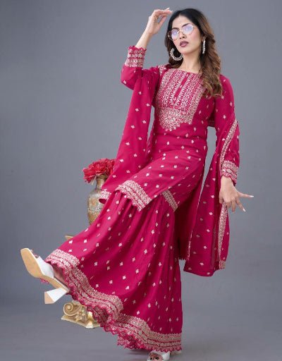 Pink Embroidery Sequence Work Sharara Suit Set UK Next Day - BONYHUBSALWAR KAMEEZ