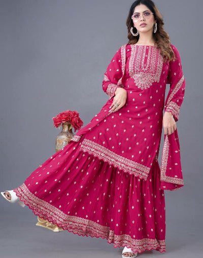 Pink Embroidery Sequence Work Sharara Suit Set UK Next Day - BONYHUBSALWAR KAMEEZ