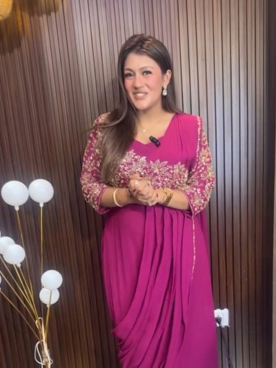Pink Embroidery Trending Ready to wear Saree Gown - BONYHUBSAREE
