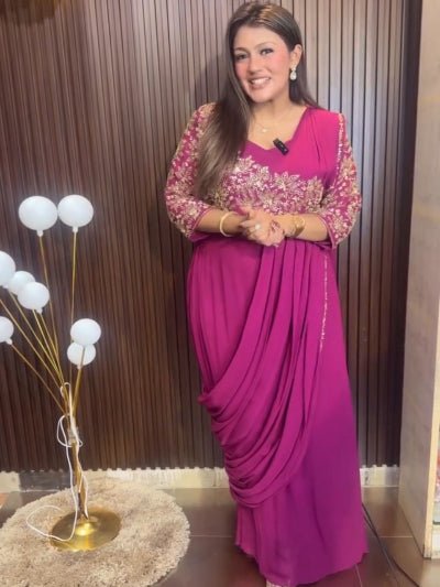 Pink Embroidery Trending Ready to wear Saree Gown - BONYHUBSAREE