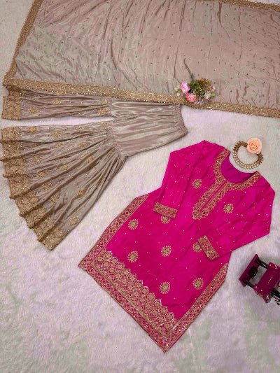 Pink Festive Gold Embroidery Sharara Suit UK Next Day - BONYHUBSALWAR KAMEEZ