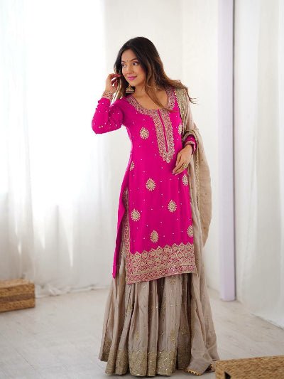 Pink Festive Gold Embroidery Sharara Suit UK Next Day - BONYHUBSALWAR KAMEEZ