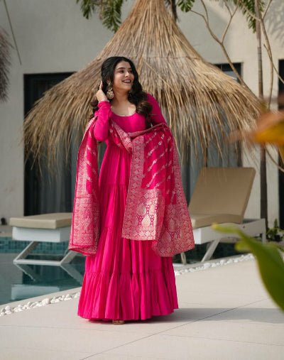 Pink Flair Anarkali Suit With Jacquard Banarasi Dupatta - BONYHUBSALWAR KAMEEZ