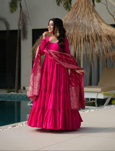 Pink Flair Anarkali Suit With Jacquard Banarasi Dupatta - BONYHUBSALWAR KAMEEZ