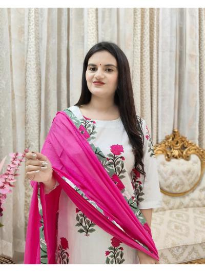 Pink Floral Printed Cotton Salwar Suit (Set of 3) - BONYHUBSALWAR KAMEEZ