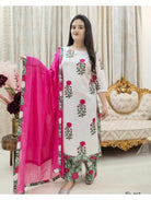 Pink Floral Printed Cotton Salwar Suit (Set of 3) - BONYHUBSALWAR KAMEEZ
