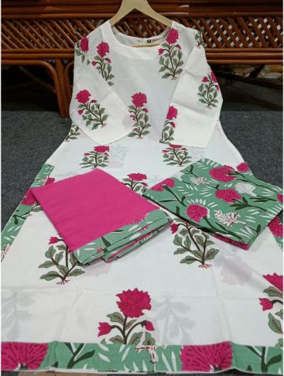 Pink Floral Printed Cotton Salwar Suit (Set of 3) - BONYHUBSALWAR KAMEEZ