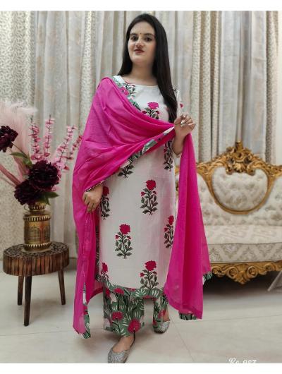 Pink Floral Printed Cotton Salwar Suit (Set of 3) - BONYHUBSALWAR KAMEEZ