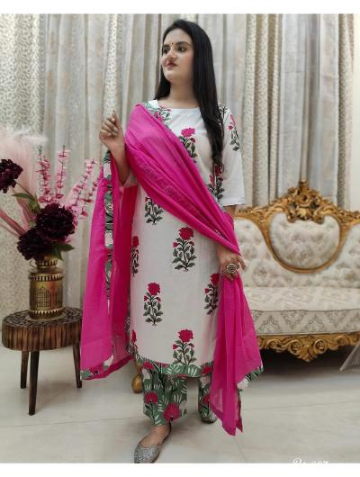 Pink Floral Printed Cotton Salwar Suit (Set of 3) - BONYHUBSALWAR KAMEEZ