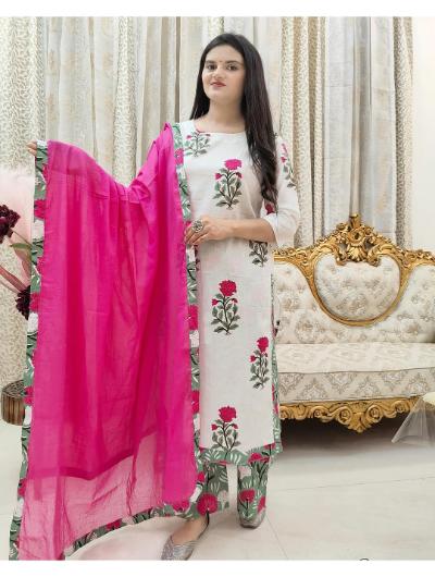 Pink Floral Printed Cotton Salwar Suit (Set of 3) - BONYHUBSALWAR KAMEEZ