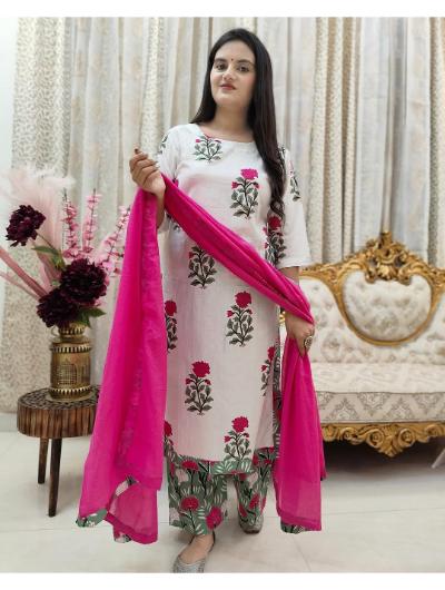 Pink Floral Printed Cotton Salwar Suit (Set of 3) - BONYHUBSALWAR KAMEEZ