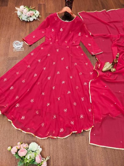Pink Georgette Anarkali Gown With Dupatta 2Pc - BONYHUBSALWAR KAMEEZ