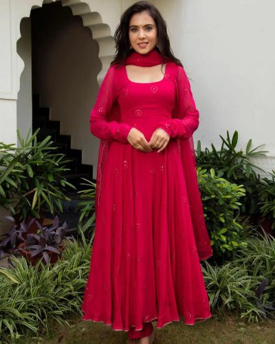 Pink Georgette Anarkali Gown With Dupatta 2Pc - BONYHUBSALWAR KAMEEZ