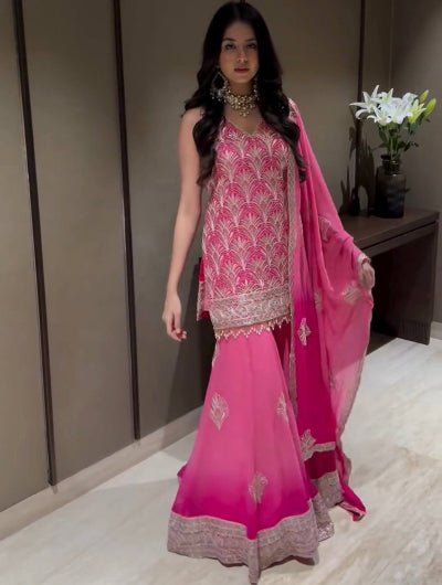 Pink Georgette Sleeveless Dual Shaded Embroidered Sharara Suit - BONYHUBSALWAR KAMEEZ