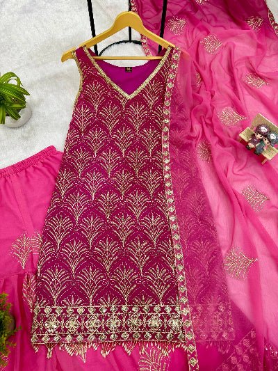 Pink Georgette Sleeveless Dual Shaded Embroidered Sharara Suit - BONYHUBSALWAR KAMEEZ