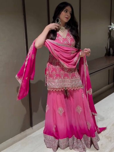 Pink Georgette Sleeveless Dual Shaded Embroidered Sharara Suit - BONYHUBSALWAR KAMEEZ