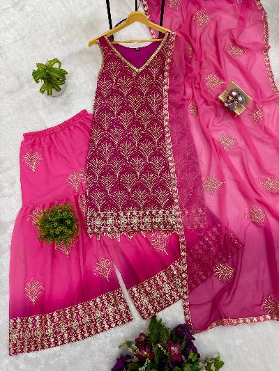 Pink Georgette Sleeveless Dual Shaded Embroidered Sharara Suit - BONYHUBSALWAR KAMEEZ