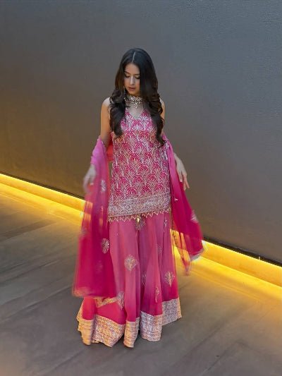 Pink Georgette Sleeveless Dual Shaded Embroidered Sharara Suit - BONYHUBSALWAR KAMEEZ