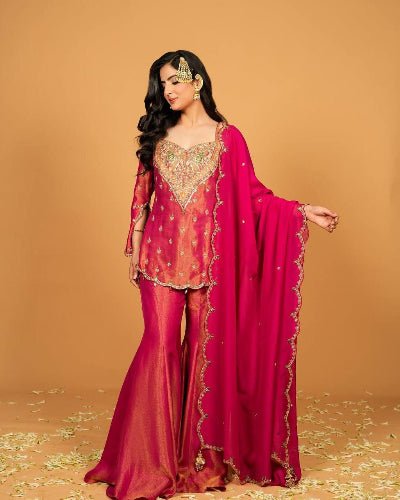 Pink Gold Tone Simar Silk Embroidered Gharara Suit Set - BONYHUBSALWAR KAMEEZ