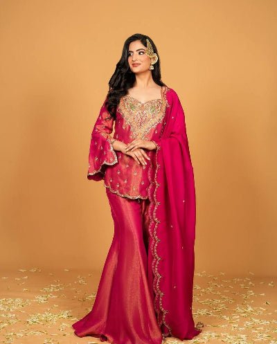 Pink Gold Tone Simar Silk Embroidered Gharara Suit Set - BONYHUBSALWAR KAMEEZ