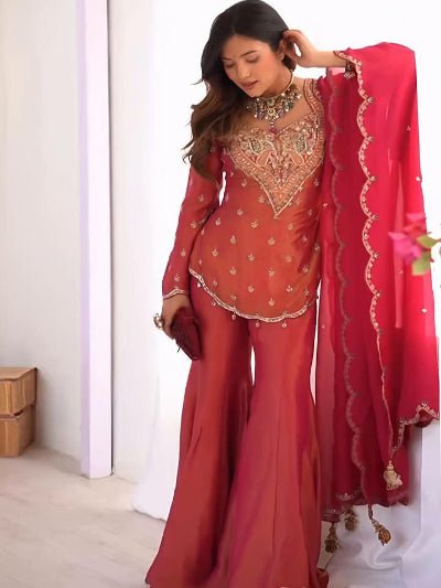 Pink Gold Tone Simar Silk Embroidered Gharara Suit Set - BONYHUBSALWAR KAMEEZ