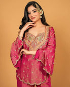 Pink Gold Tone Simar Silk Embroidered Gharara Suit Set - BONYHUBSALWAR KAMEEZ