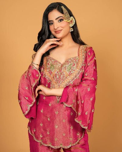 Pink Gold Tone Simar Silk Embroidered Gharara Suit Set - BONYHUBSALWAR KAMEEZ