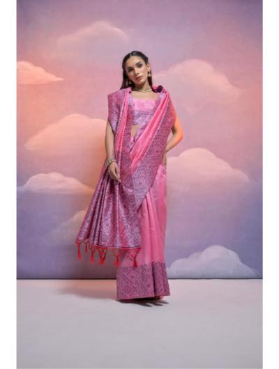 Pink Handloom Silk Sari with Unstiched Blouse - BONYHUBSAREE