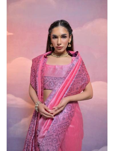 Pink Handloom Silk Sari with Unstiched Blouse - BONYHUBSAREE