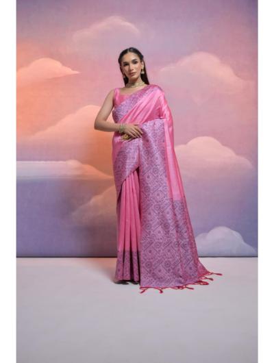 Pink Handloom Silk Sari with Unstiched Blouse - BONYHUBSAREE