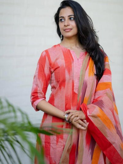 Pink Ikkat Handloom South Cotton Straight Suit - BONYHUBSALWAR KAMEEZ