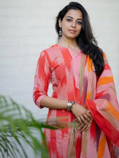 Pink Ikkat Handloom South Cotton Straight Suit - BONYHUBSALWAR KAMEEZ