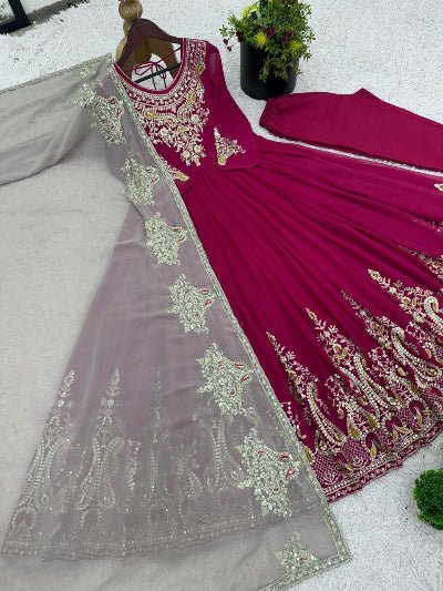 Pink Intricate Thread Embroidered Anarkali Suit Set - BONYHUBSALWAR KAMEEZ