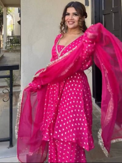 Pink Jacquard Chanderi Sharara Suit Set - BONYHUBSALWAR KAMEEZ