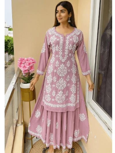 Pink Lucknowi Chikankari Kurti Sharara 2 Pcs UK Next Day - BONYHUBSALWAR KAMEEZ